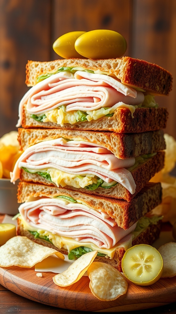 A classic deli sandwich with turkey, Swiss cheese, and sauerkraut, served with pickles and chips on a rustic table.